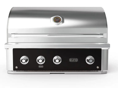 Front view of Wildfire 36-Inch Built-In Gas Grill with closed stainless steel hood and four control knobs
