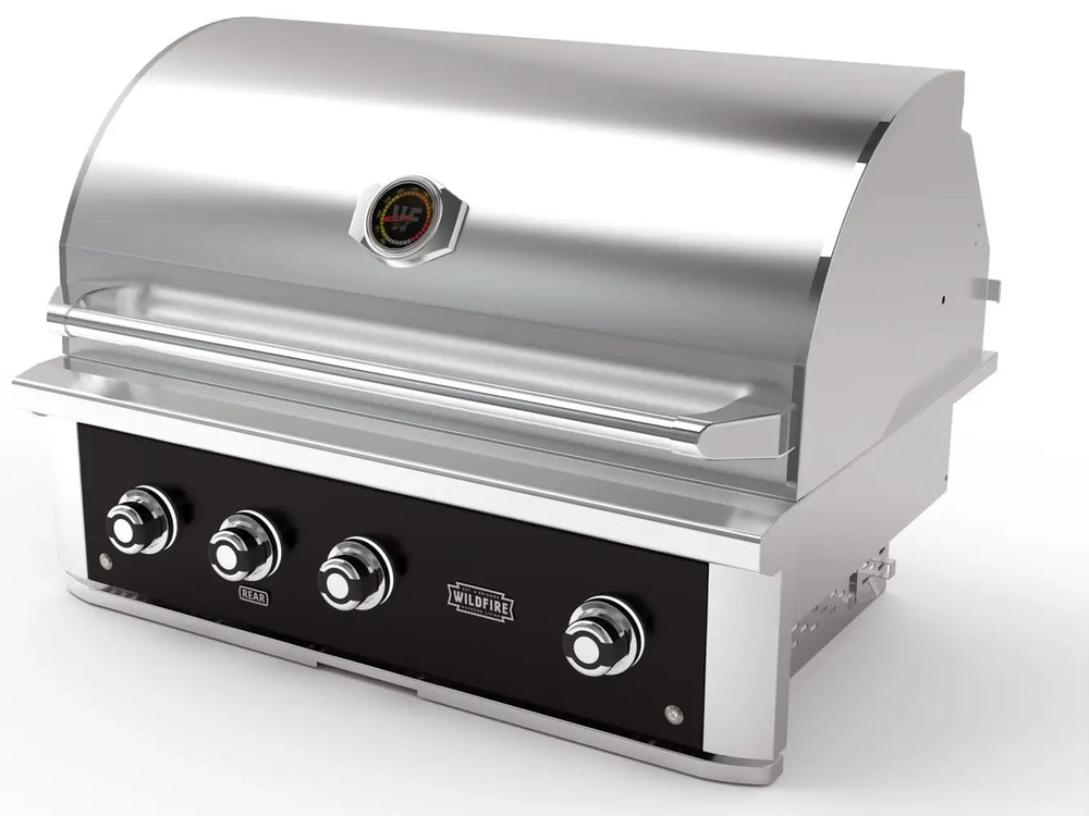 Wildfire 36-Inch Built-In Gas Grill with stainless steel hood and four control knobs, angled front view