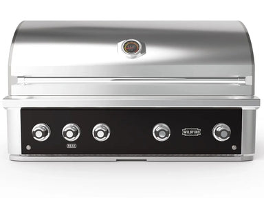 Wildfire 42-Inch Built-In Gas Grill front view with stainless steel hood closed and four knobs