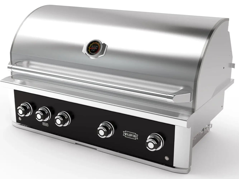 Wildfire 42-Inch Built-In Gas Grill angled view with stainless steel hood and four control knobs
