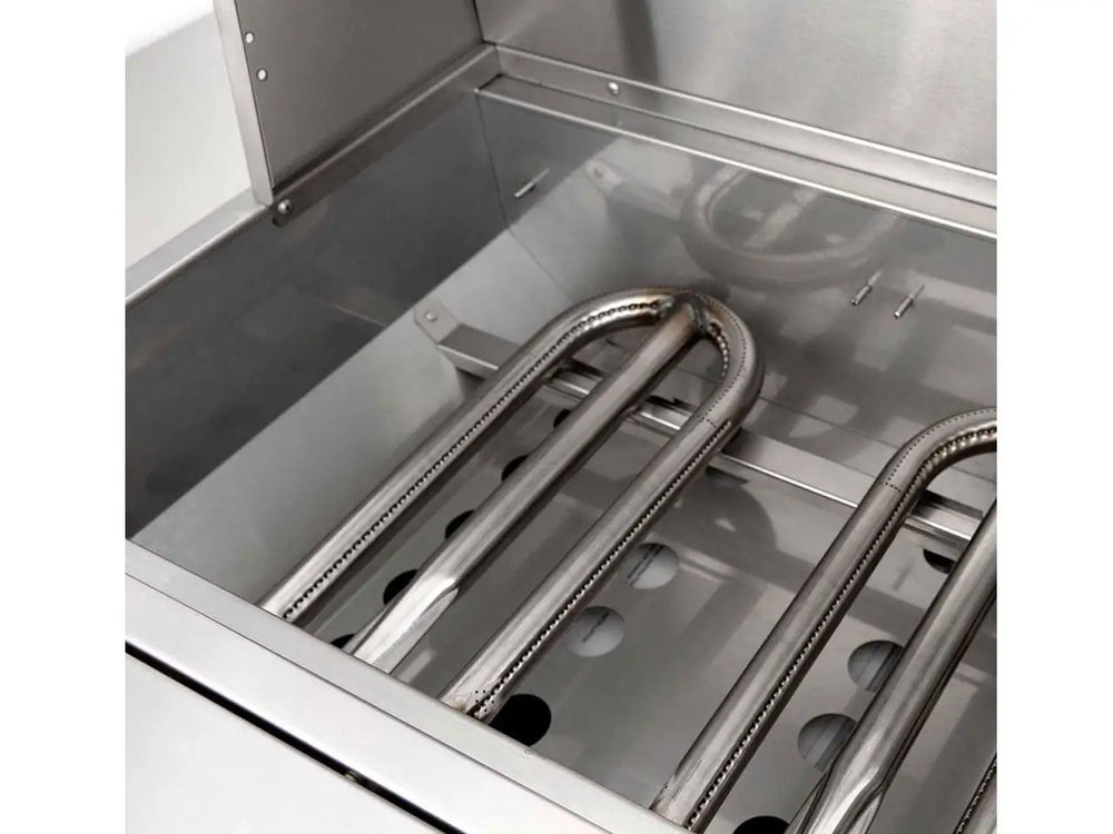 Heavy-duty stainless steel U-burners inside outdoor gas grill firebox.