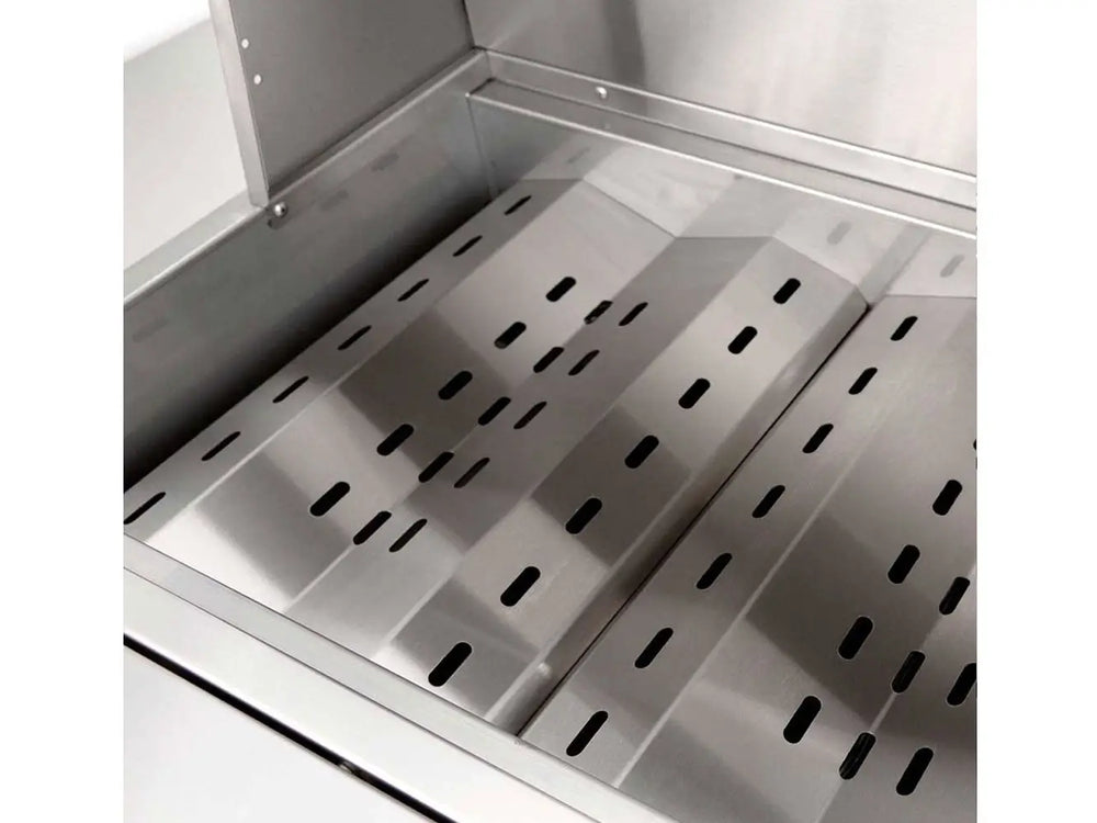 Stainless steel heat deflector plates inside built-in outdoor gas grill.