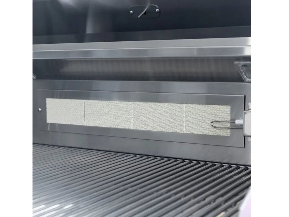 Rear infrared burner inside a stainless steel grill for rotisserie cooking.