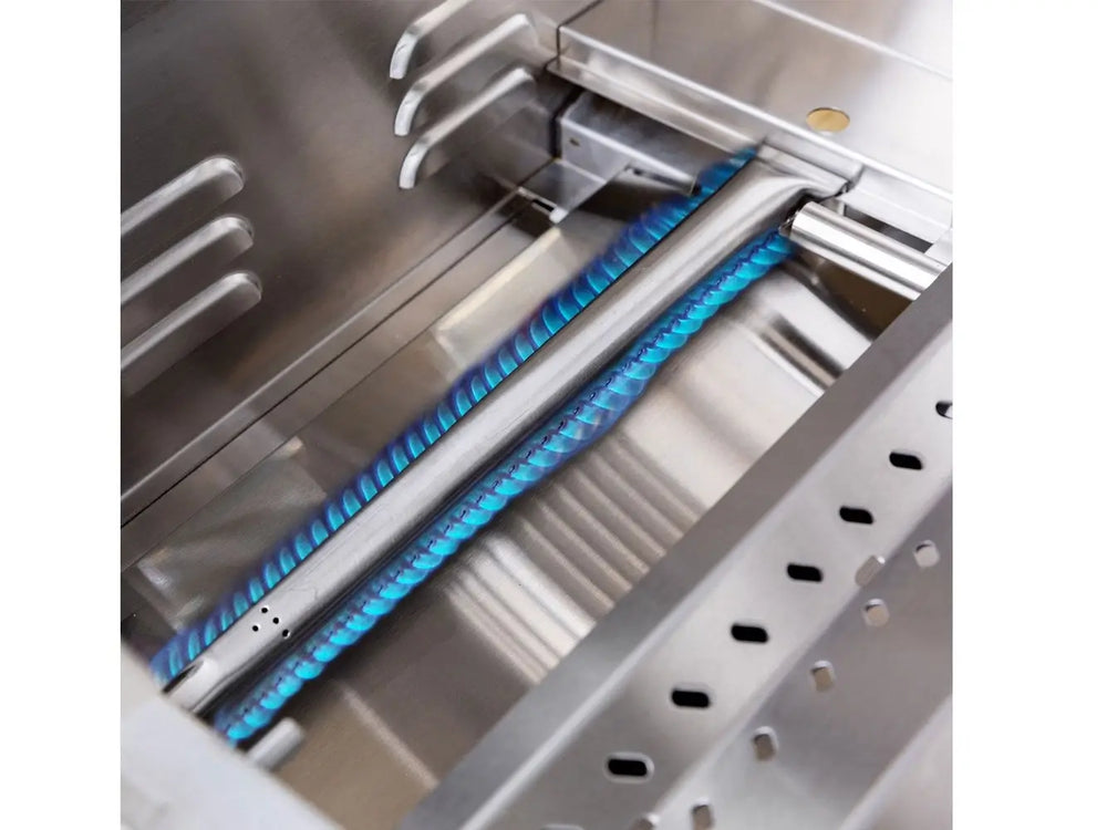 Close-up of Summerset stainless steel gas grill U-shaped burner with blue flame