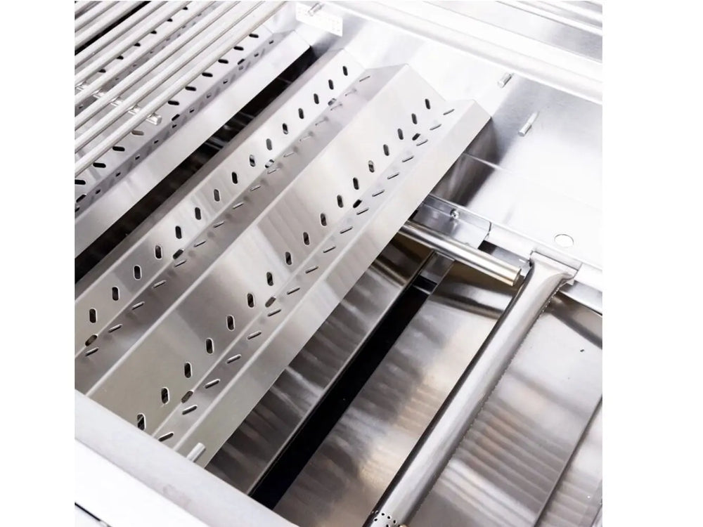 Interior view of Summerset grill with stainless steel flame tamer above burner