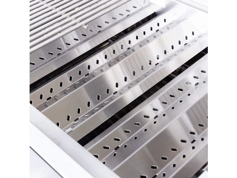 Interior view of Summerset grill with stainless steel flame tamer above burner