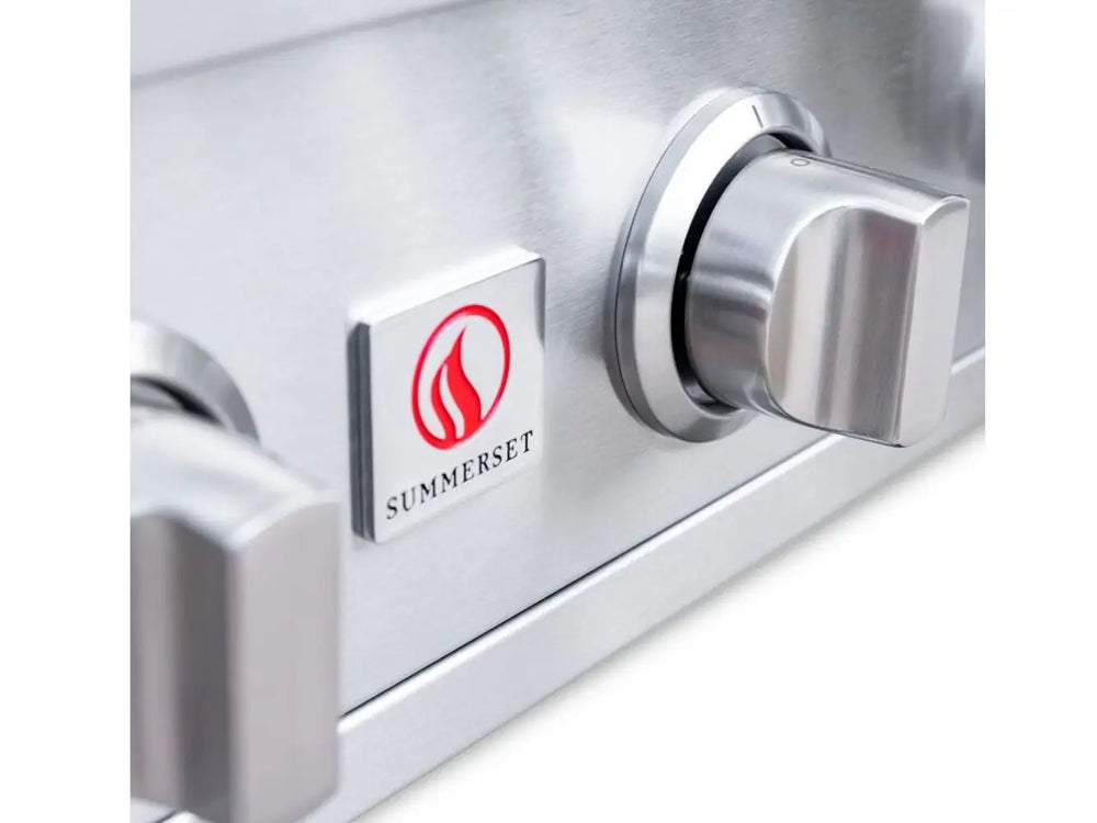 Summerset stainless steel control knob and brand logo close-up
