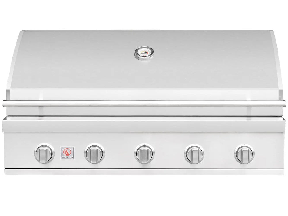 Front view of Summerset built-in 5-burner stainless steel gas grill with closed hood