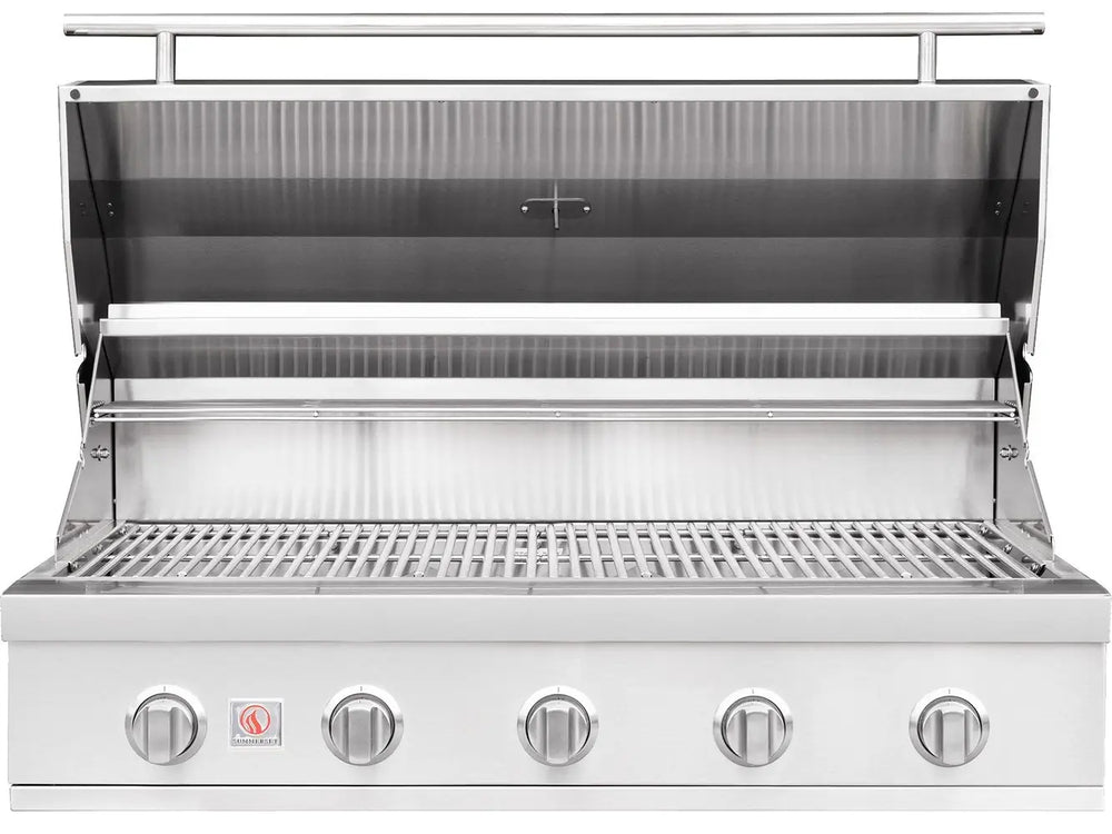Summerset built-in 5-burner stainless steel gas grill with hood open and cooking grates visible