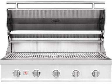 Summerset built-in 5-burner stainless steel gas grill with hood open and cooking grates visible