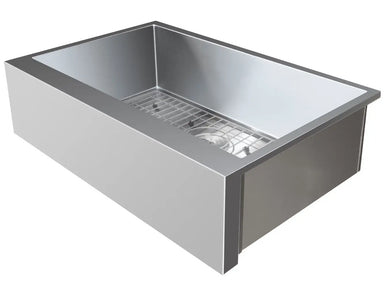 Angled view of Summerset stainless steel farmhouse sink basin with bottom grid and drain.