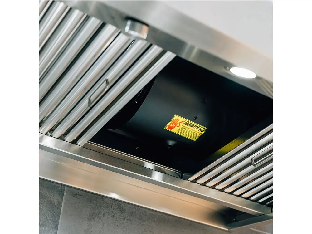 Summerset Outdoor Vent Hood interior with motor, LED light, and removable baffle filters.