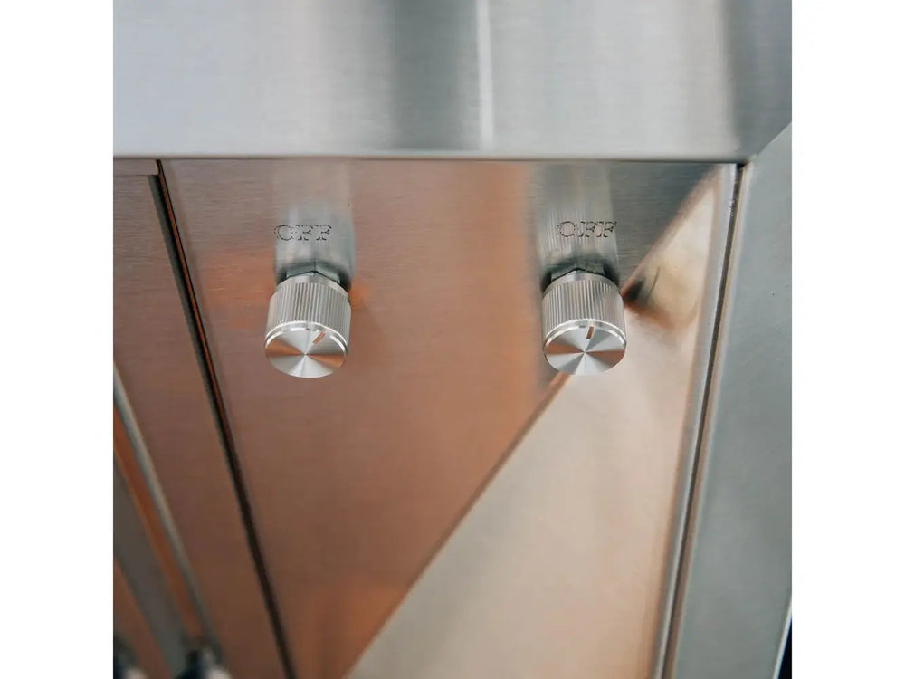 Summerset Outdoor Vent Hood stainless steel control knobs for light and fan speed.