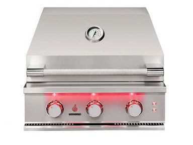 Interior view of True Flame gas grill with open hood, dual halogen lights, and full-width stainless steel grates Closed Lid