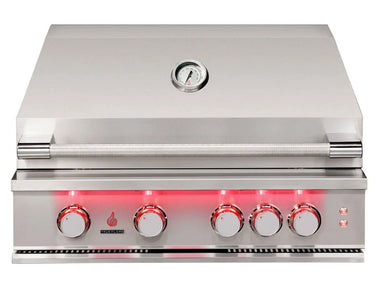 Closed stainless steel True Flame built-in grill featuring five red LED-illuminated control knobs and built-in thermometer.