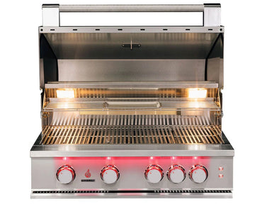 True Flame built-in gas grill with lid open, interior halogen lights on, and red LED-lit control knobs.