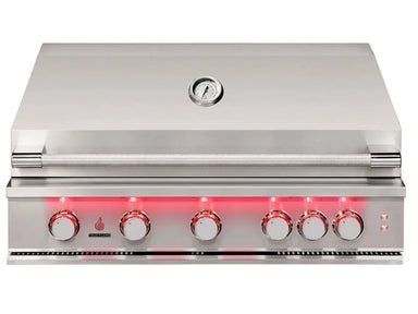 Closed True Flame 5-burner built-in grill in stainless steel, featuring a built-in thermometer and red LED-illuminated control knobs.