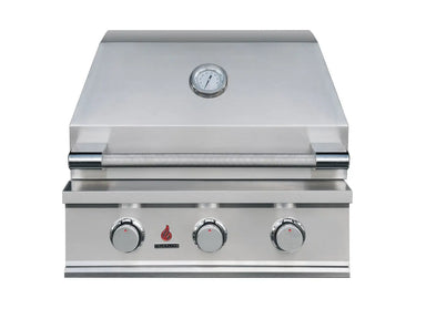 Front view of True Flame stainless steel gas grill with three chrome control knobs and built-in hood thermometer.