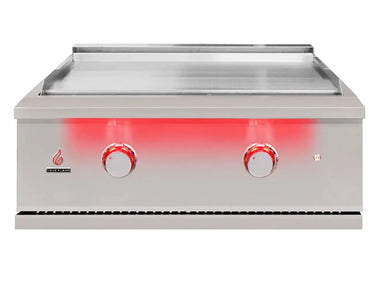 True Flame built-in flat top gas griddle with two red LED-illuminated knobs and stainless steel cooking surface.