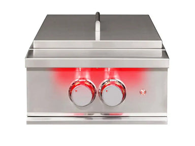 True Flame drop-in wok burner with closed stainless steel lid and two illuminated red control knobs.