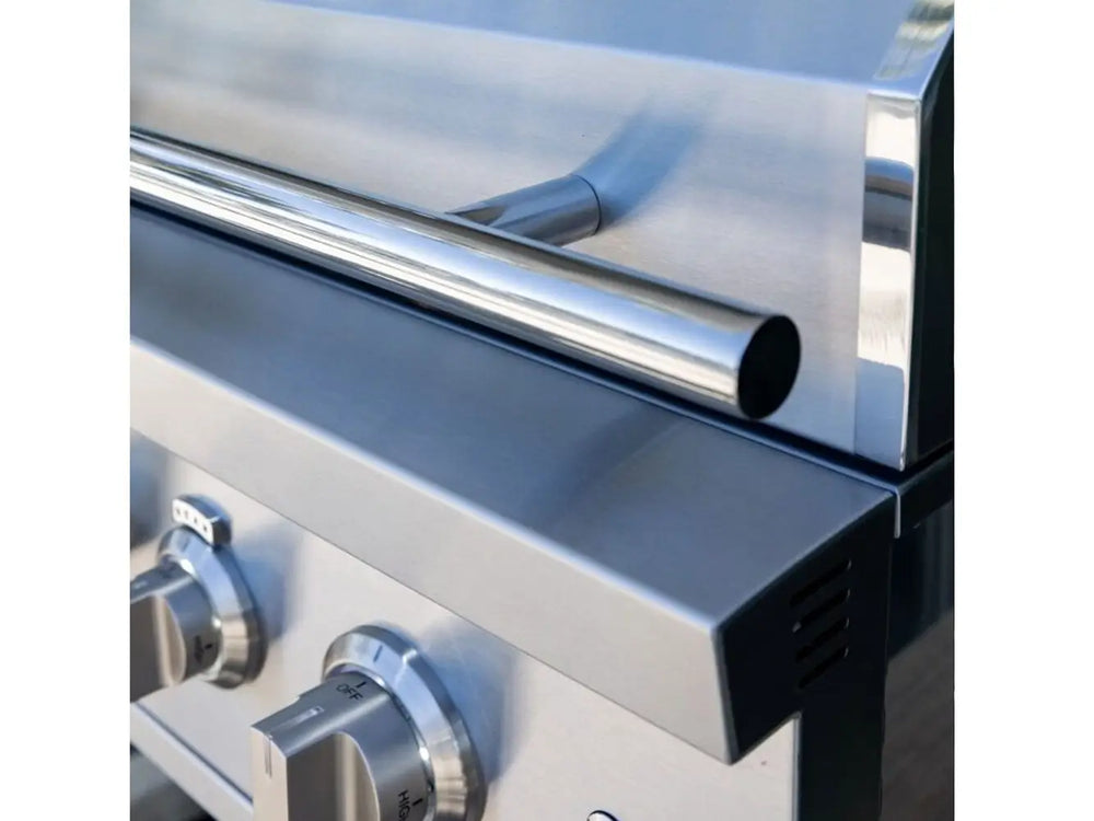 Polished stainless steel grill hood handle with control knobs visible below.