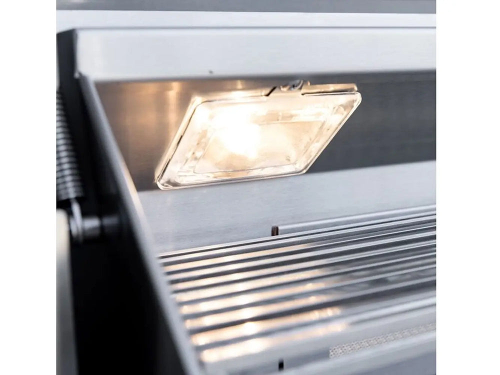 Built-in halogen interior light illuminating stainless steel grill cooking surface.