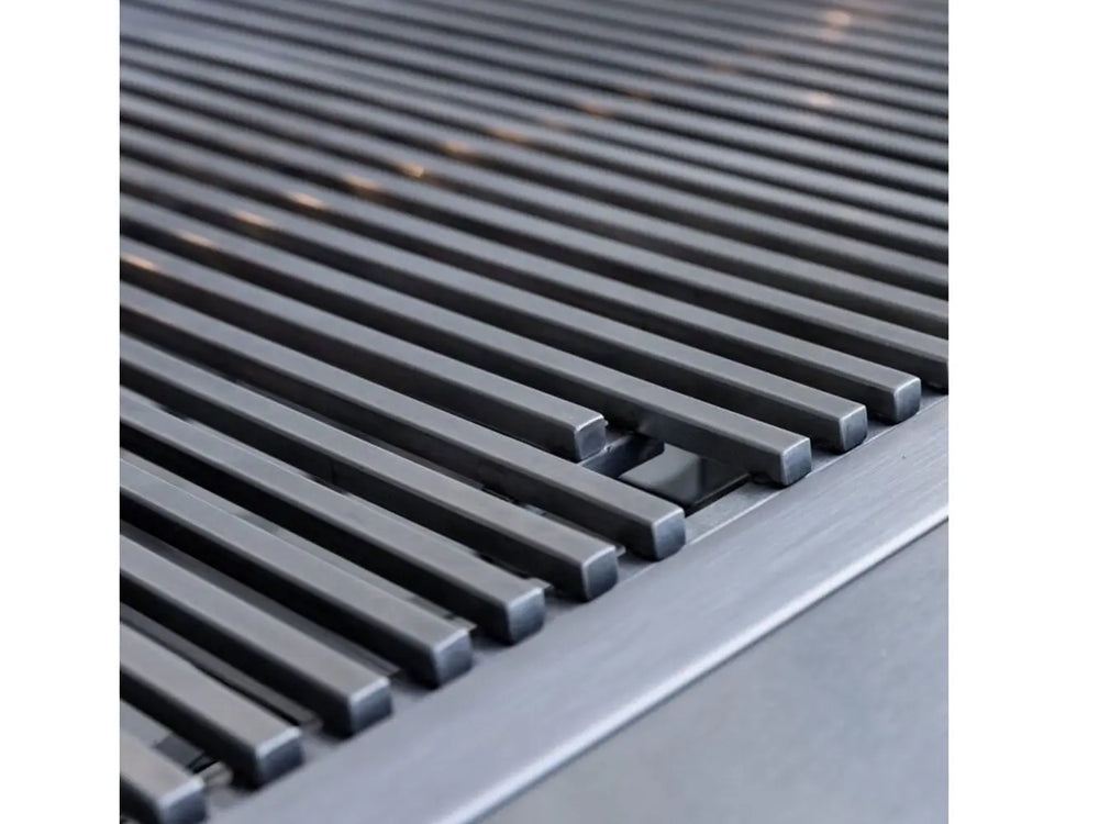 Heavy-duty stainless steel cooking grates close-up view on premium outdoor gas grill.