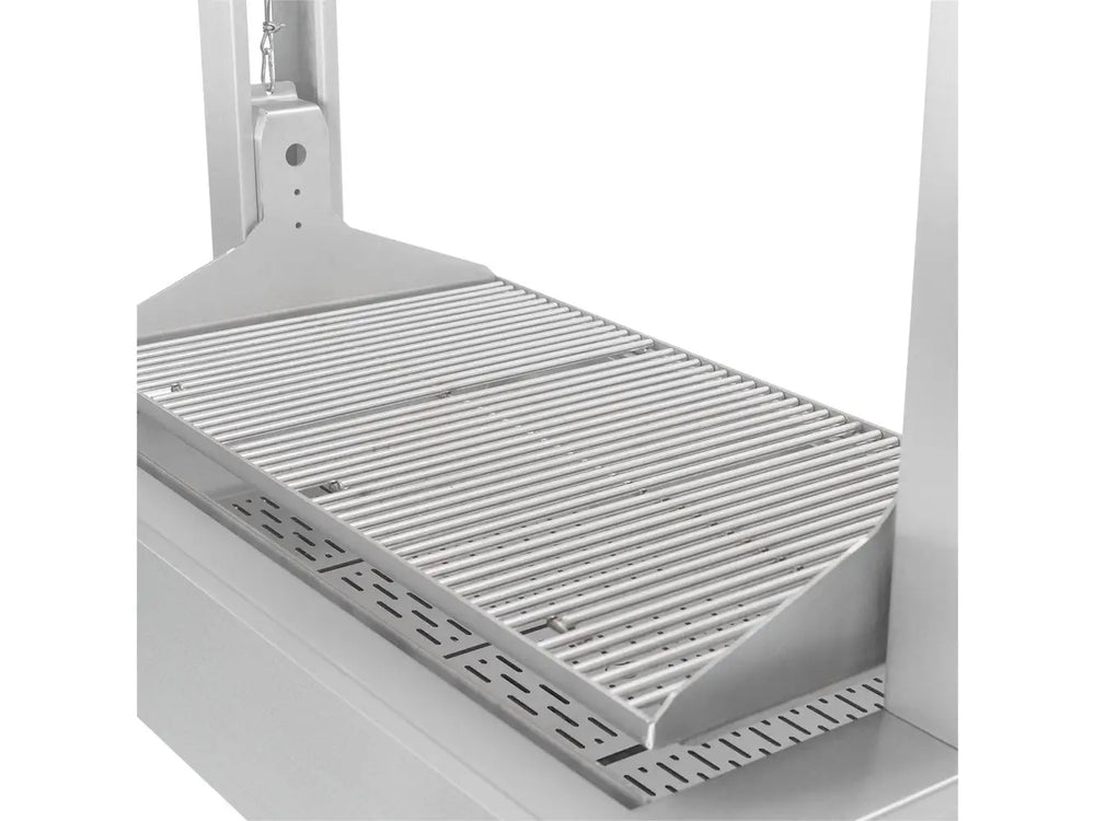 Stainless steel Santa Maria style grill grate with slanted drip guard for wood-fired cooking
