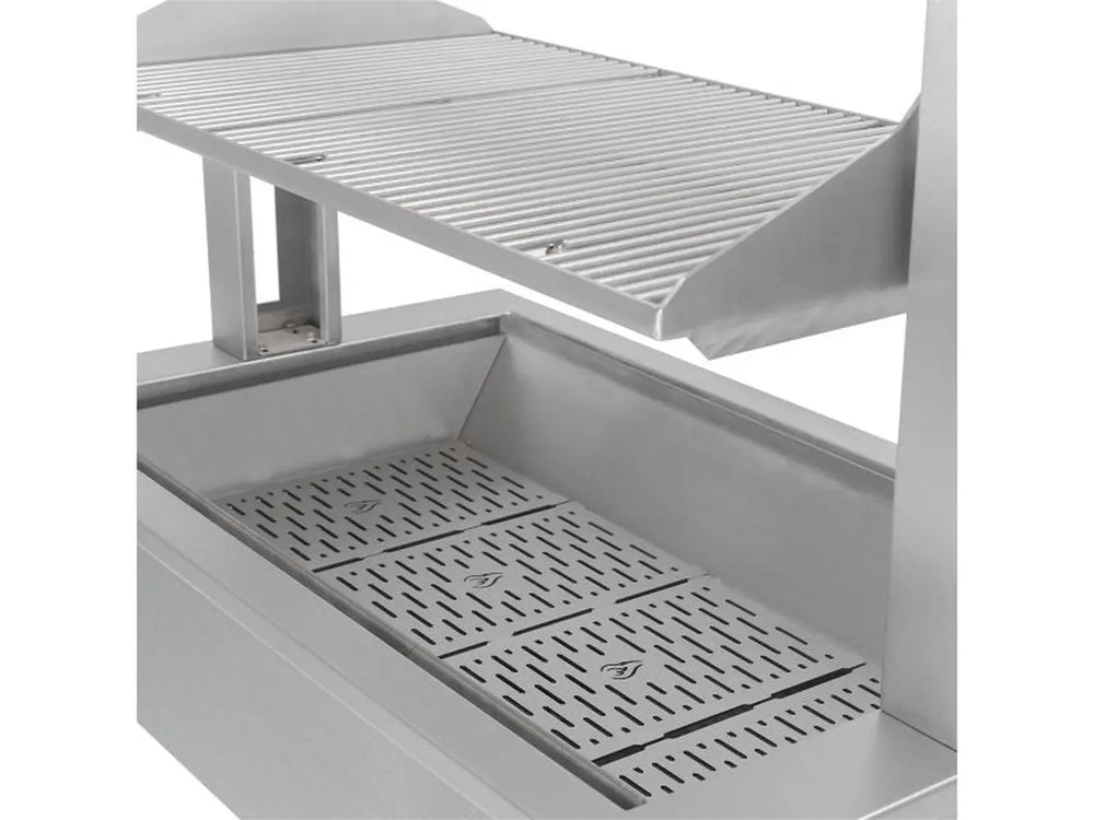 Adjustable Santa Maria grill grate lifted above firebox with perforated heat plates for even wood-fire distribution