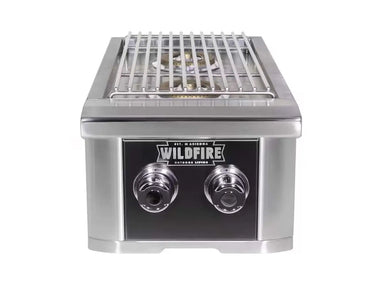 Wildfire Ranch Black Stainless Steel Double Side Burner – 30,000 BTUs featuring dual brass burners with heavy-duty stainless steel grates and two front-facing control knobs for powerful outdoor sautéing and side dish preparation.