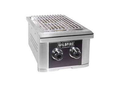 Angled view of Wildfire Ranch Black SS Double Side Burner – 30,000 BTUs showcasing ventilated stainless steel body, sturdy control knobs, and durable grates for high-performance outdoor kitchen integration.