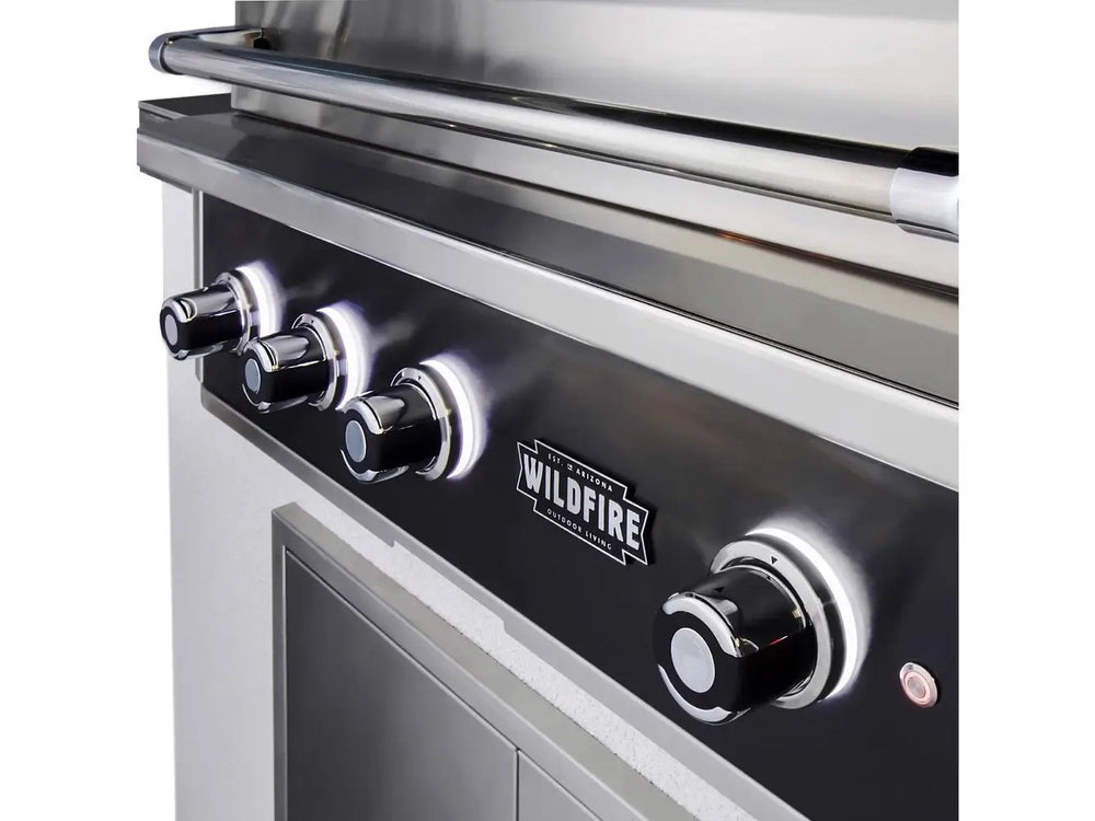 Wildfire 30-Inch Gas Grill control panel with LED-lit knobs