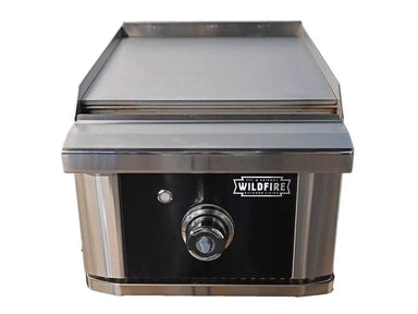 Wildfire Ranch 15-Inch Black Built-In Side Griddle – 17,000 BTUs, featuring a compact stainless steel design with a single control knob and sleek black front panel for powerful, space-saving outdoor cooking.