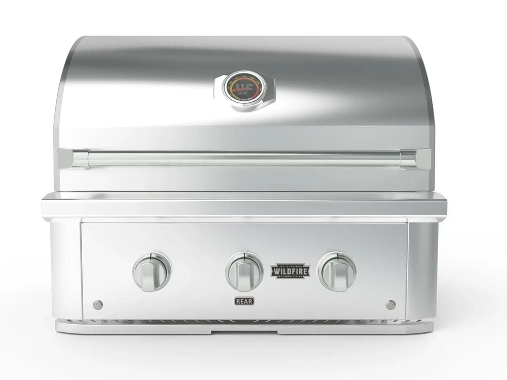 Wildfire 30-Inch Built-In Gas Grill stainless steel front view with closed hood and three knobs