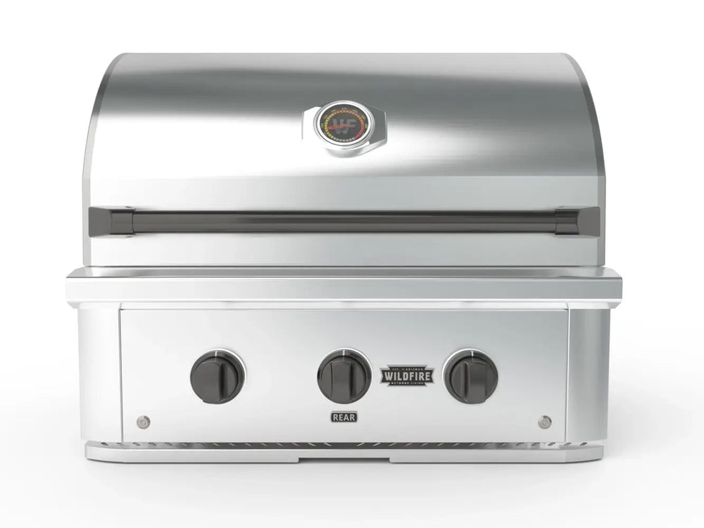 Wildfire 30-Inch Built-In Gas Grill front view with stainless steel hood and three control knobs