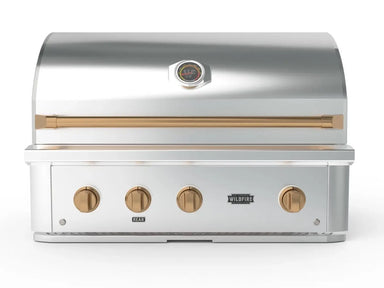 Wildfire 36-Inch Built-In Gas Grill front view with gold control knobs and gold-trimmed stainless steel handle