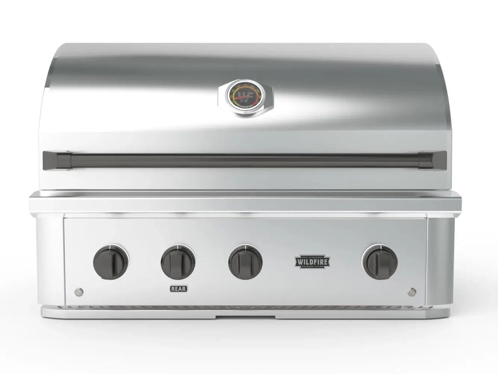 Wildfire 36-Inch Built-In Gas Grill front view with dark control knobs and temperature gauge on hood