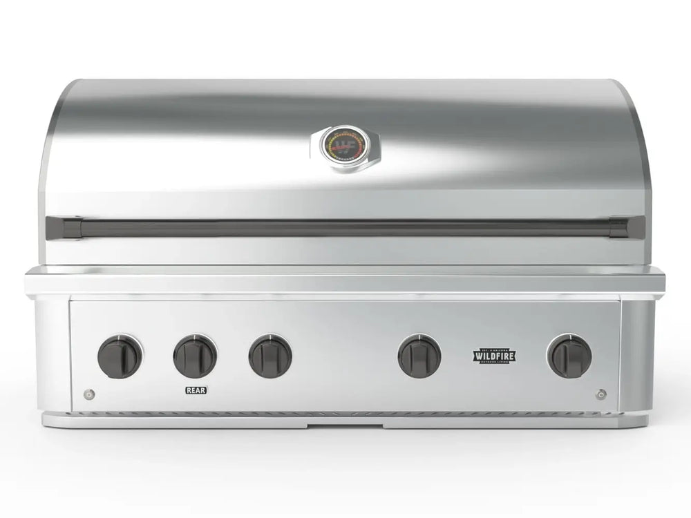 Wildfire 42-Inch Built-In Gas Grill front view with black control knobs and stainless steel hood