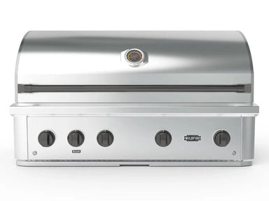 Wildfire 42-Inch Built-In Gas Grill front view with black control knobs and stainless steel hood