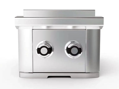 Wildfire Ranch Stainless Steel Double Side Burner featuring dual precision control knobs, sleek full stainless steel design, and integrated lid, perfect for preparing sauces and sides in outdoor kitchens.