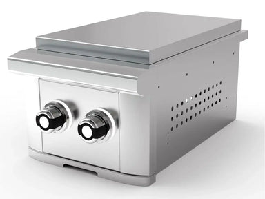 Angled view of Wildfire Ranch Stainless Steel Double Side Burner showcasing perforated side ventilation, robust dual burners, and modern stainless steel construction for premium outdoor cooking performance.