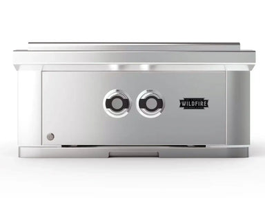 Front view of Wildfire Ranch Pro Black Stainless Steel Power Burner – 60,000 BTUs with precision dual burner controls and contemporary black-and-silver finish for powerful outdoor culinary performance.