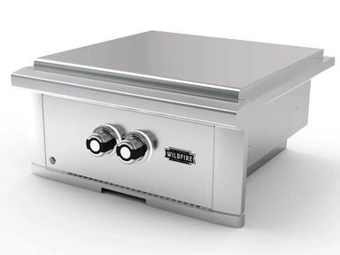Wildfire Ranch Pro Black SS Power Burner – 60,000 BTUs shown with lid closed, emphasizing compact stainless steel design, dual control knobs, and robust construction for outdoor kitchens and grilling islands.
