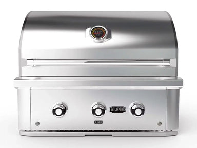 Wildfire 30-Inch Built-In Gas Grill stainless steel model with hood closed and three knobs