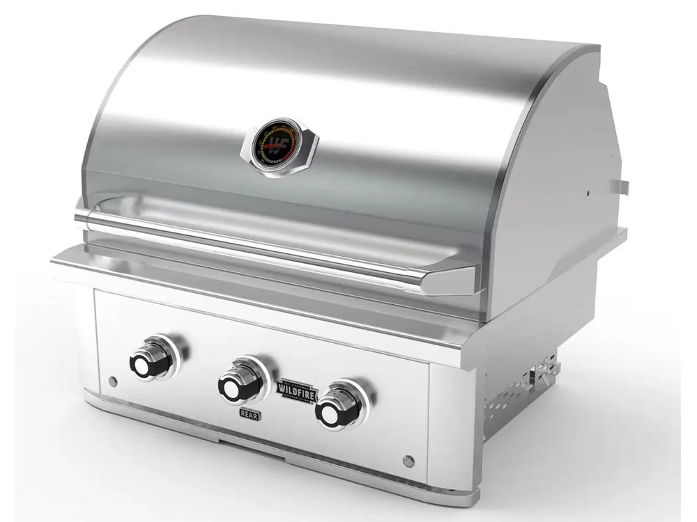 Wildfire 30-Inch Built-In Gas Grill angled side view with closed stainless steel hood and three knobs