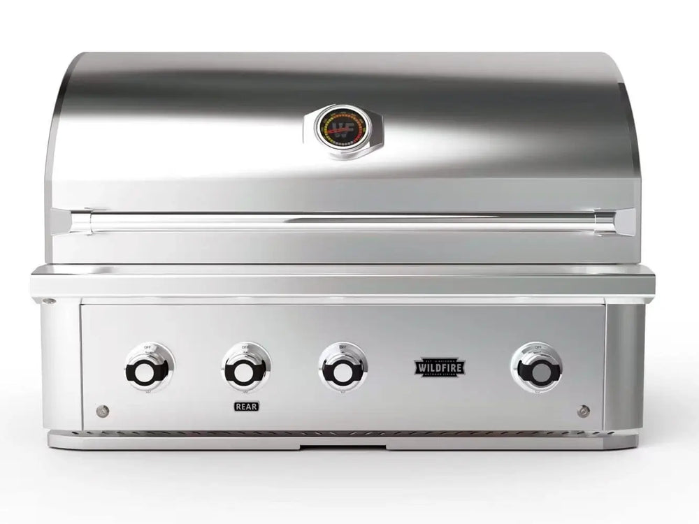 Wildfire 36-Inch Built-In Gas Grill front view with stainless steel hood closed and four knobs