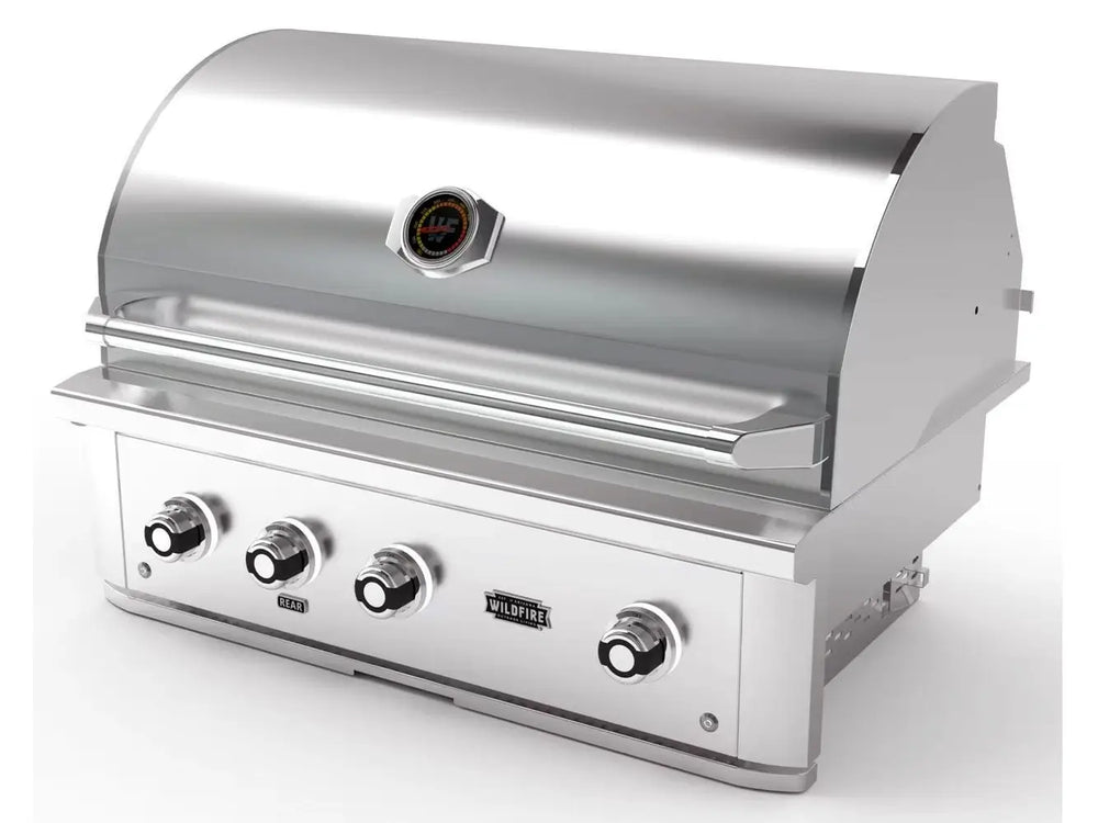 Wildfire 36-Inch Built-In Gas Grill angled view with stainless steel hood and four control knobs