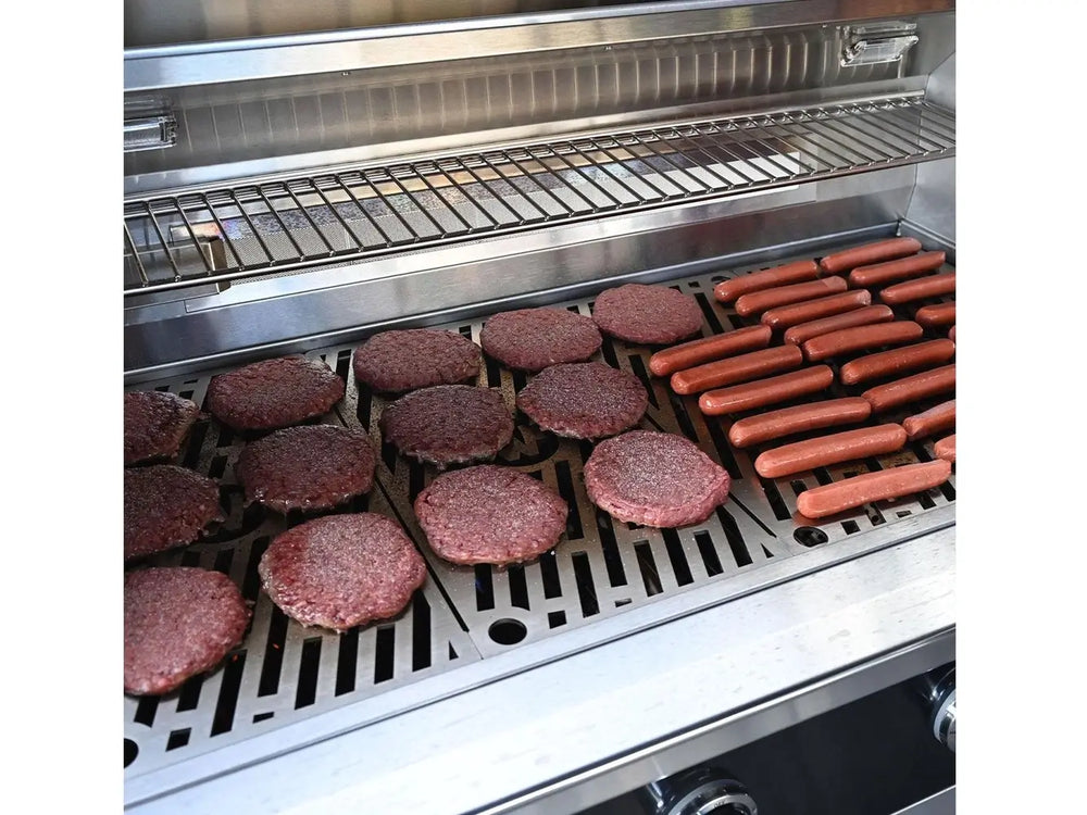 Wildfire 30-Inch Built-In Gas Grill cooking surface with burgers and hot dogs grilling