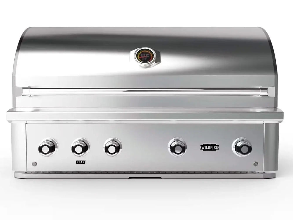Wildfire 42-Inch Built-In Gas Grill front view with stainless steel finish and four control knobs