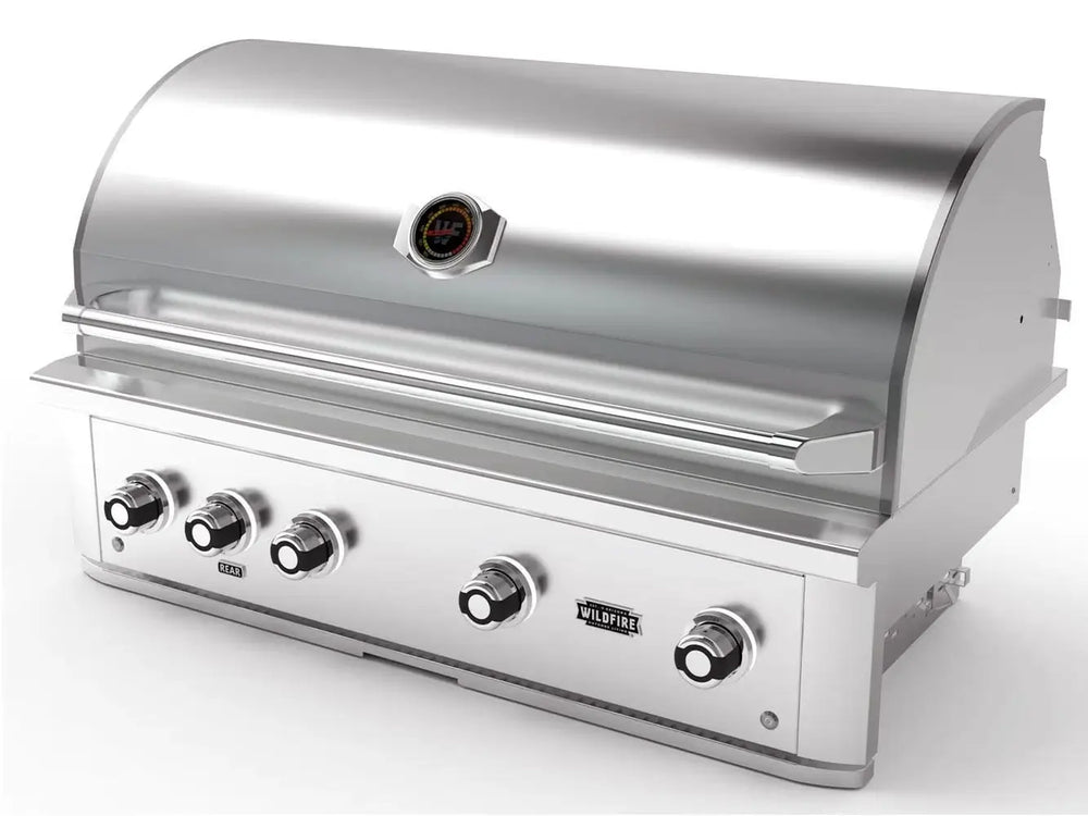 Wildfire 42-Inch Built-In Gas Grill angled view with stainless steel hood and four control knobs